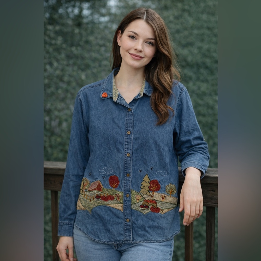 Vintage Embroidered Denim Shirt with Pumpkin Patch Farmhouse Scene granny